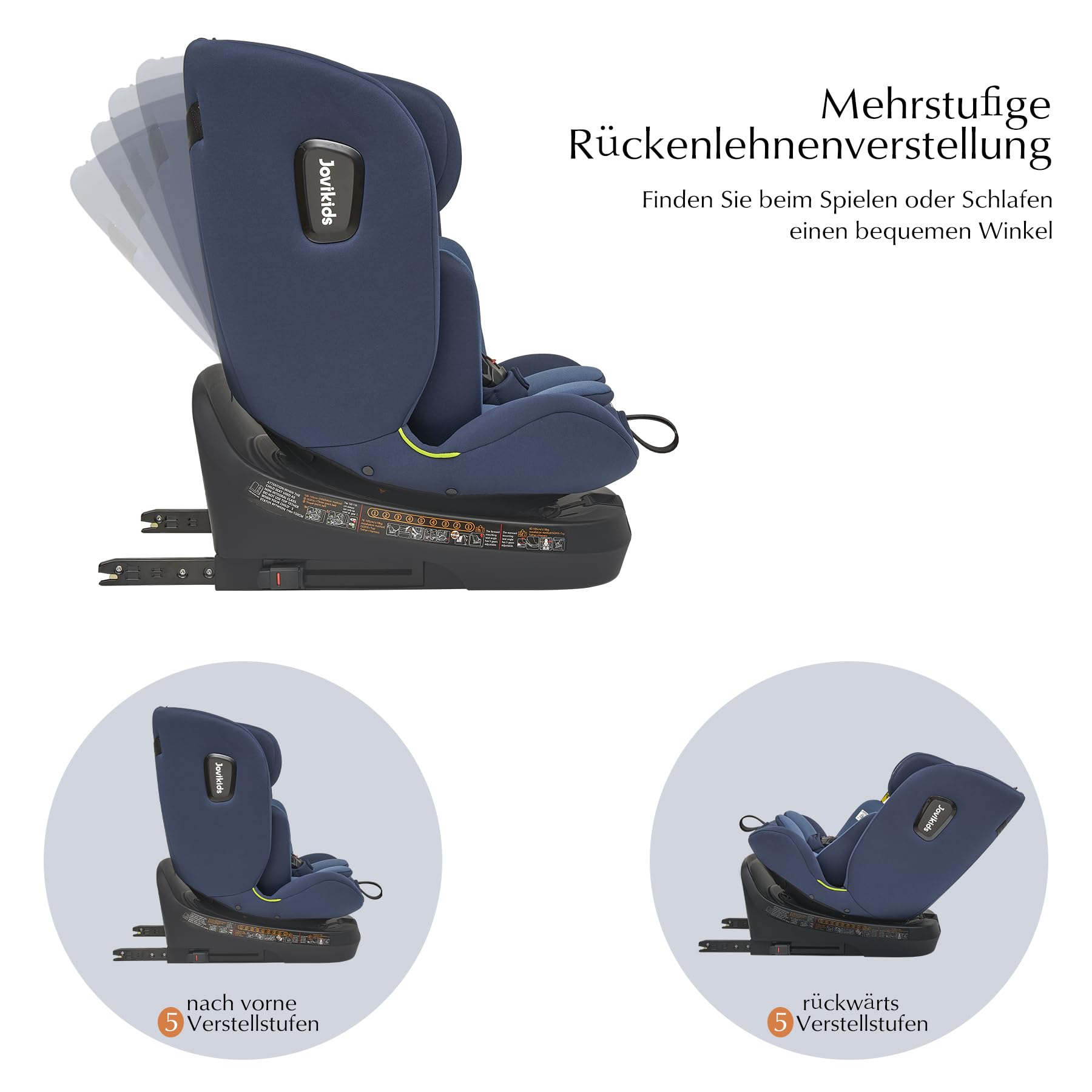 Jovikids 360° Drehbarer Kindersitz, i-Size 40–150 cm, 0–36 kg, ISOFIX, Ruheposition, ab Geburt–12 Jahre, Blau