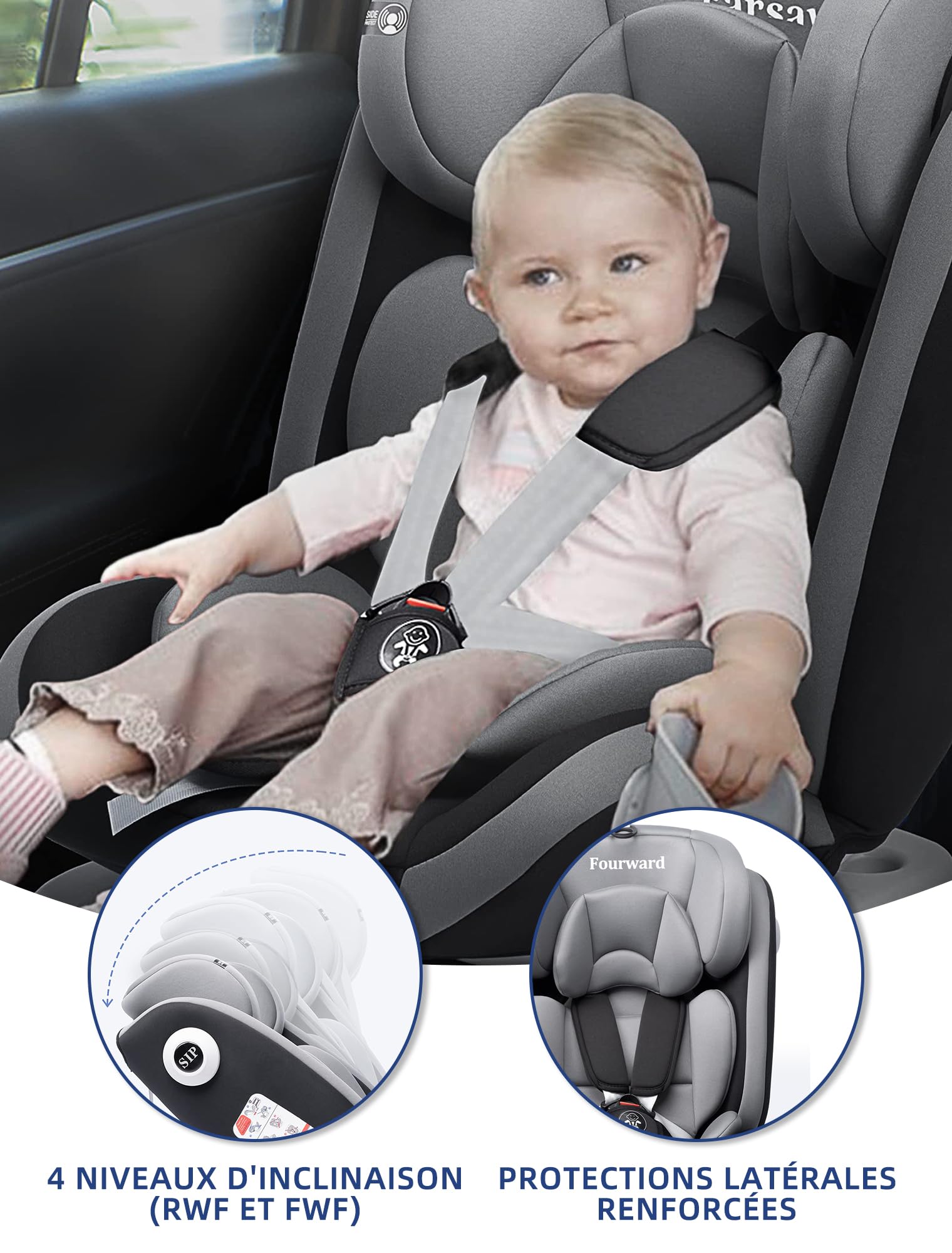 Fourward Baby Kindersitz 360° drehbar, i-Size 40–150 cm, 0–12 Jahre, 9–36 kg, ISOFIX, Ruheposition, ECE R129