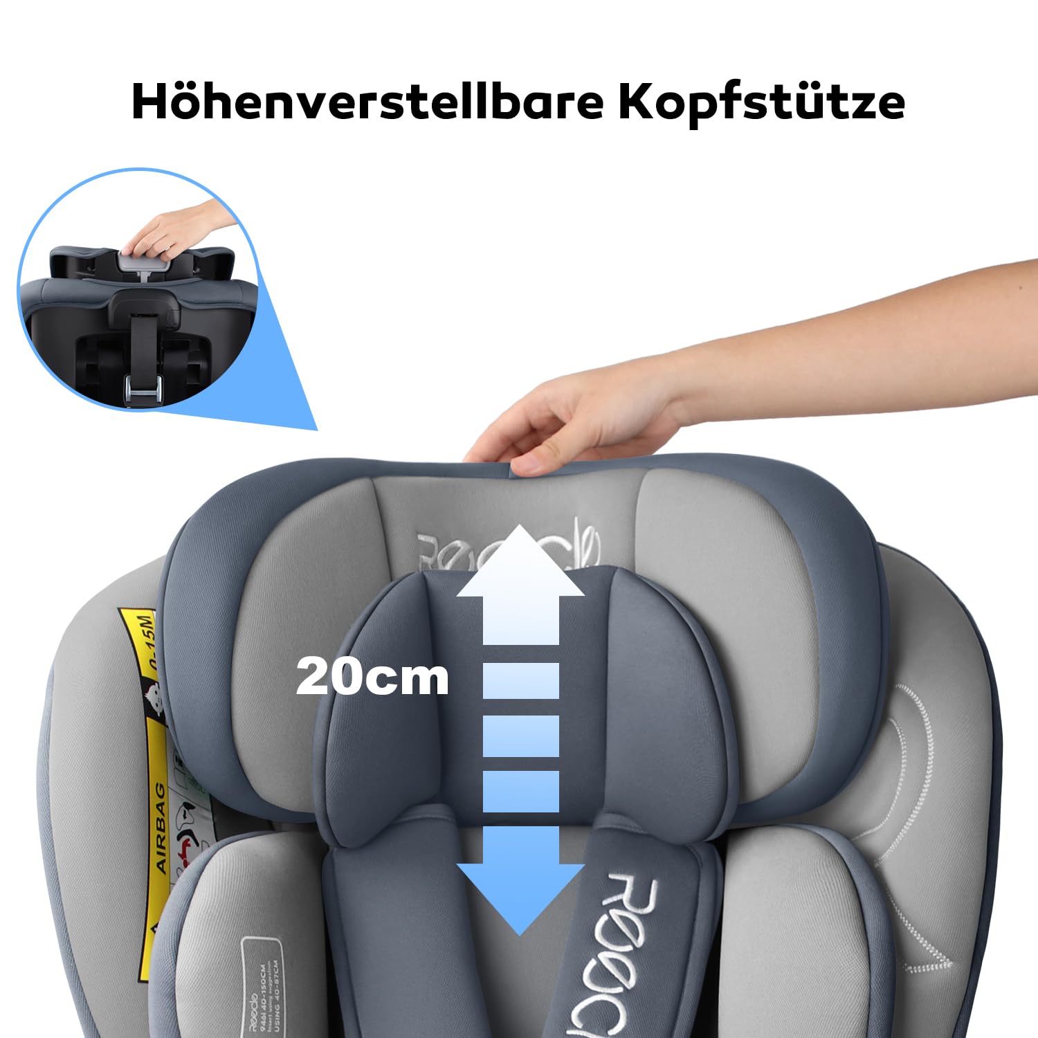 Reecle 360° Drehbarer Kindersitz, i-Size 40–150 cm, 0–36 kg, Reboarder, ab Geburt–12 Jahre, ISOFIX, Grau
