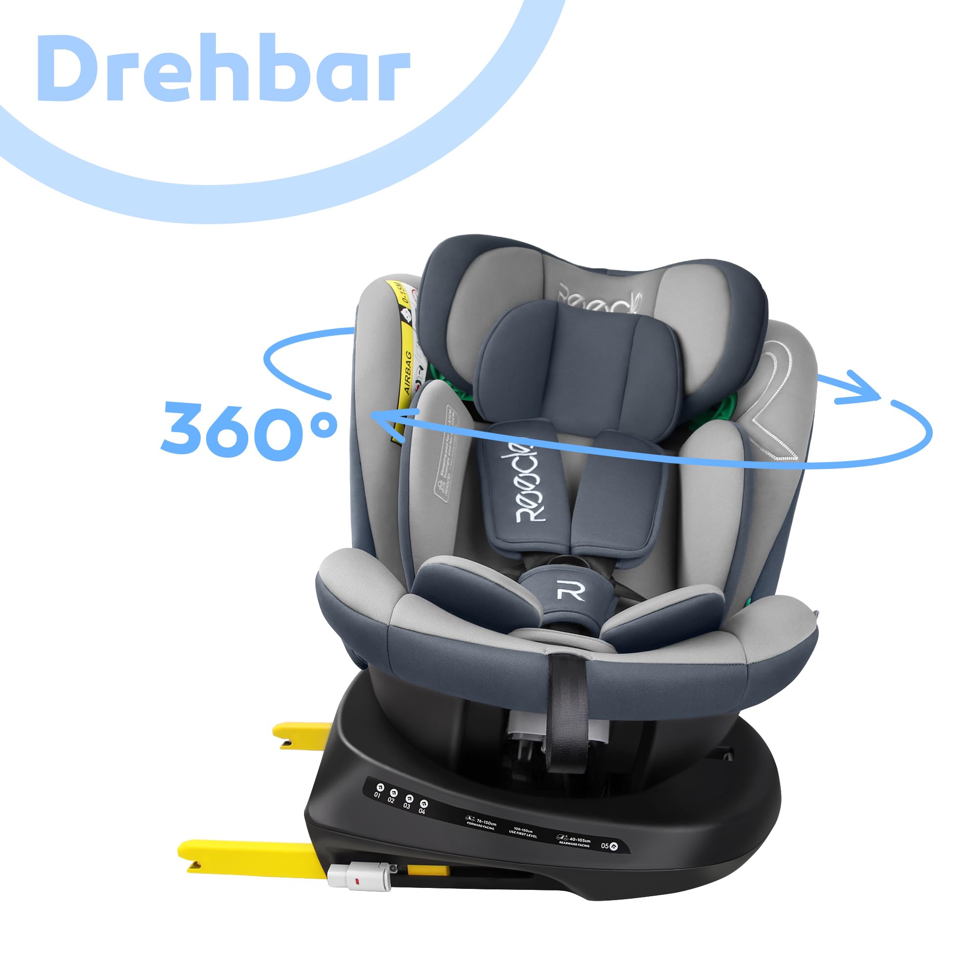 Reecle 360° Drehbarer Kindersitz, i-Size 40–150 cm, 0–36 kg, Reboarder, ab Geburt–12 Jahre, ISOFIX, Grau