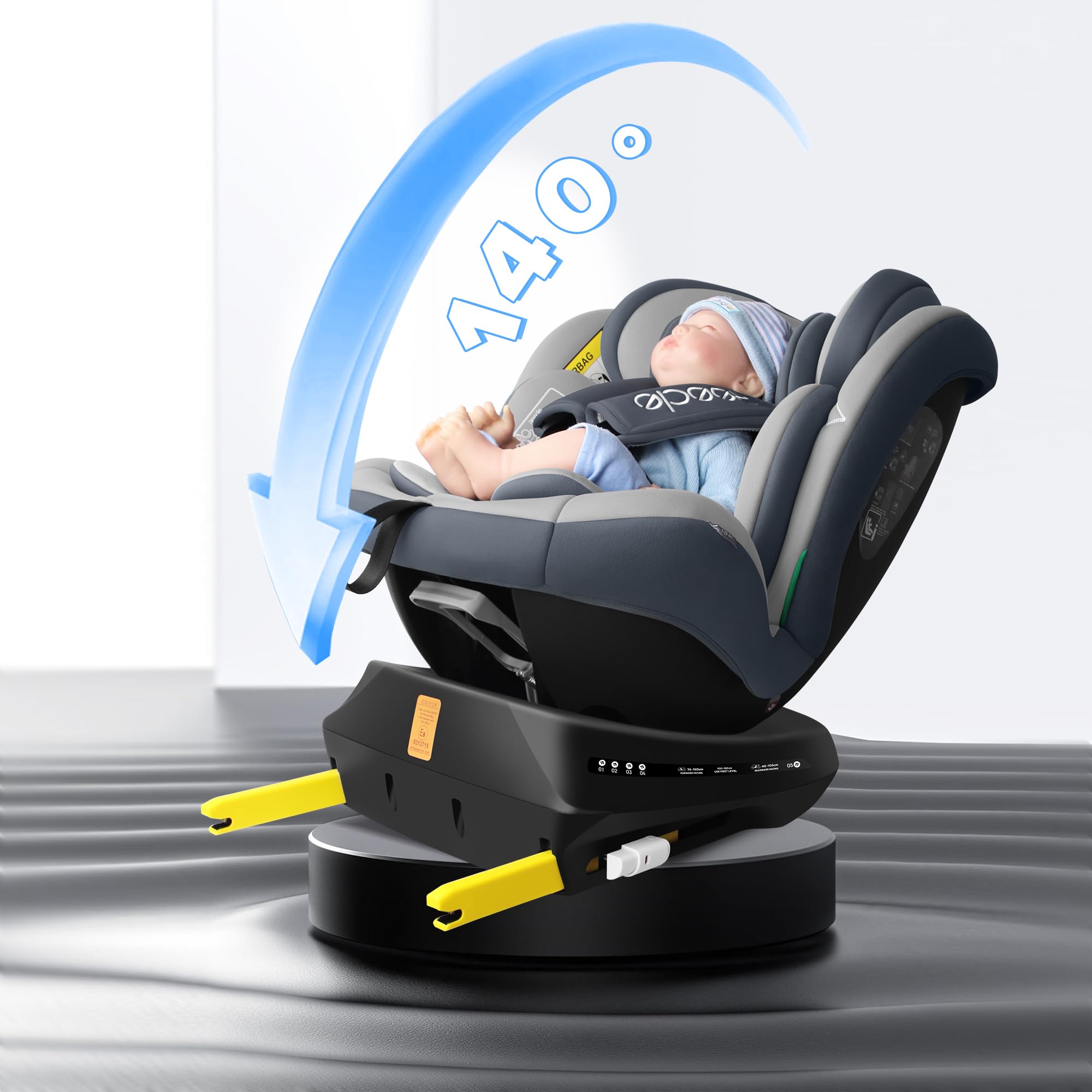 Reecle 360° Drehbarer Kindersitz, i-Size 40–150 cm, 0–36 kg, Reboarder, ab Geburt–12 Jahre, ISOFIX, Grau