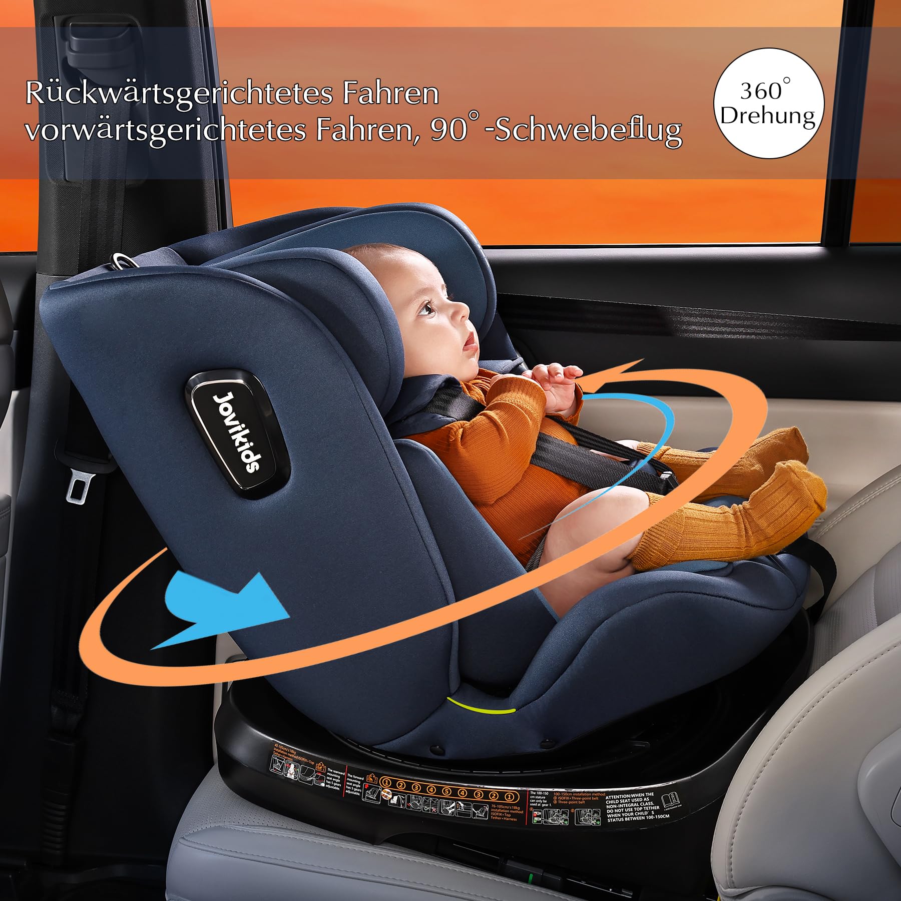 Jovikids 360° Drehbarer Kindersitz, i-Size 40–150 cm, 0–36 kg, ISOFIX, Ruheposition, ab Geburt–12 Jahre, Blau