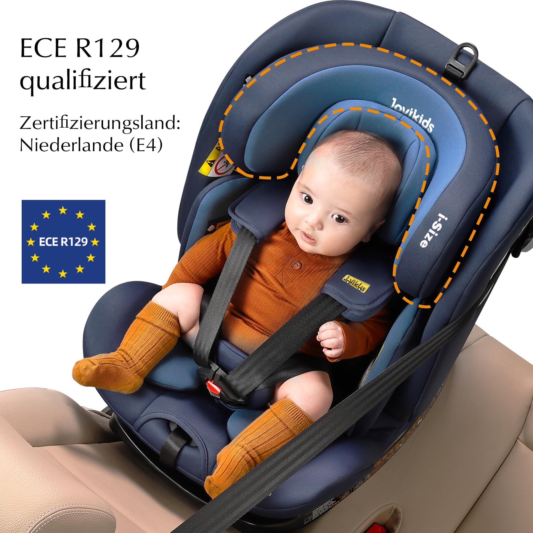 Jovikids 360° Drehbarer Kindersitz, i-Size 40–150 cm, 0–36 kg, ISOFIX, Ruheposition, ab Geburt–12 Jahre, Blau