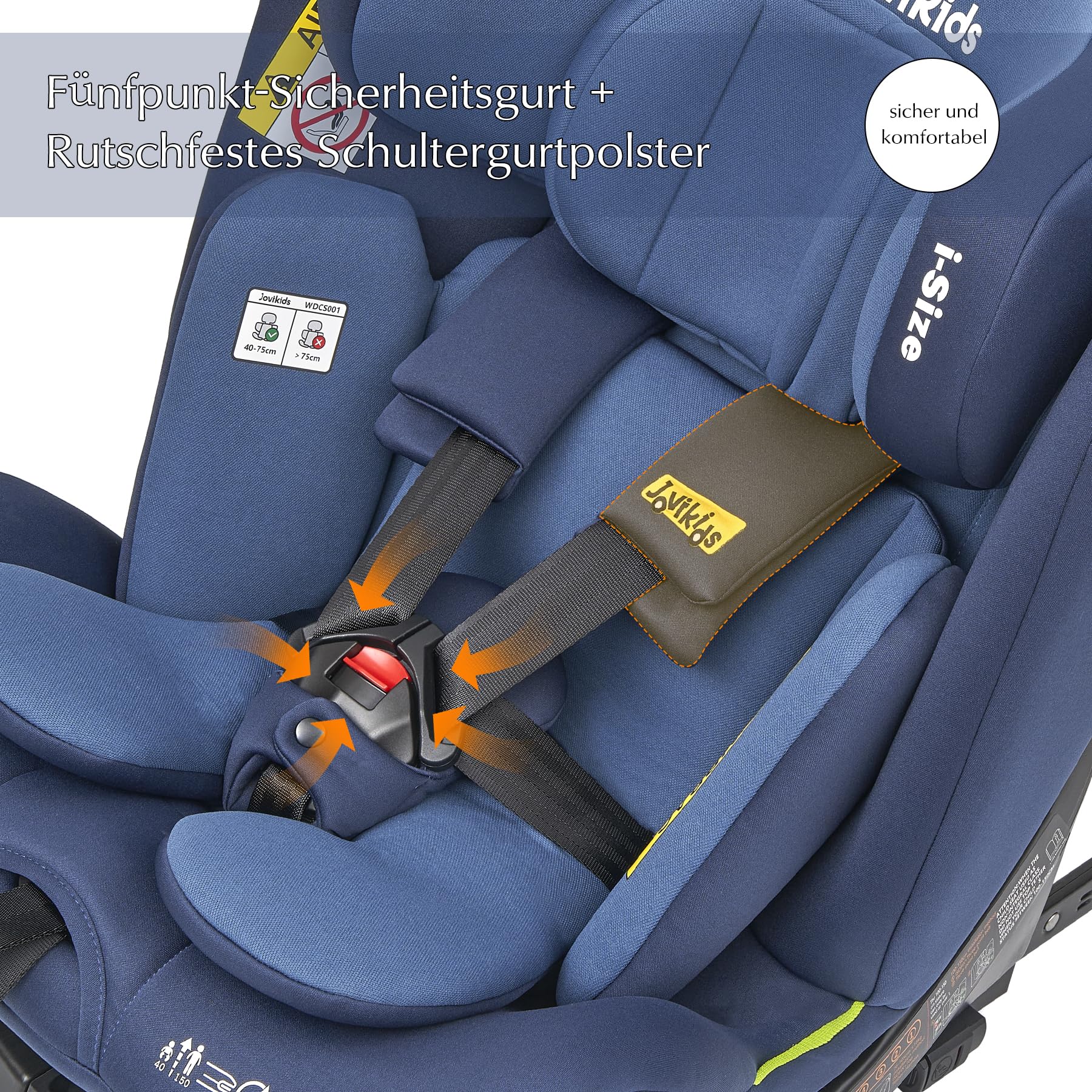 Jovikids 360° Drehbarer Kindersitz, i-Size 40–150 cm, 0–36 kg, ISOFIX, Ruheposition, ab Geburt–12 Jahre, Blau